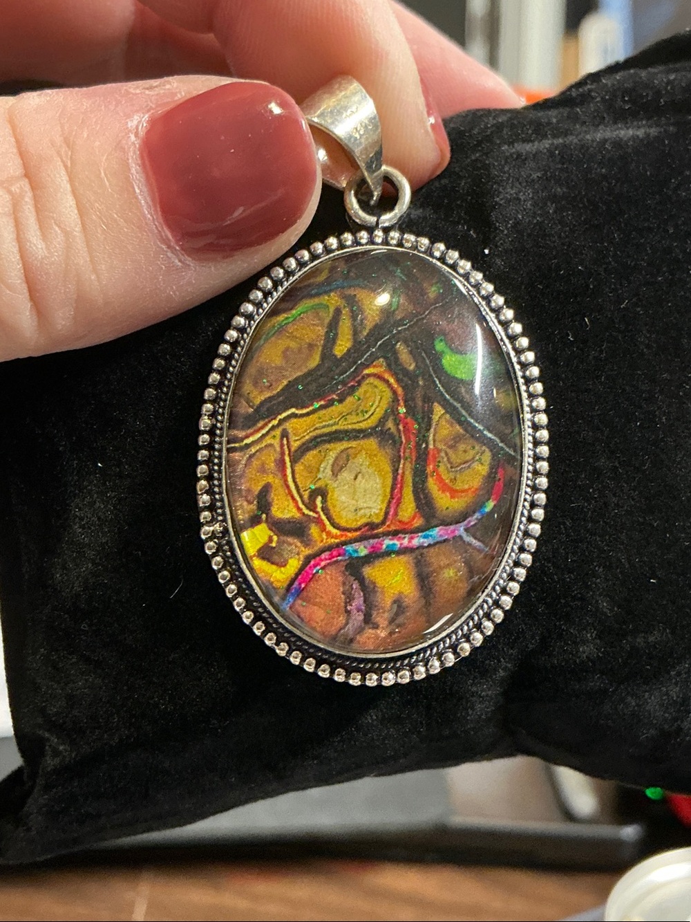 Multicolor Oval Art Glass Pendant Necklace Stamped 925 16.62g